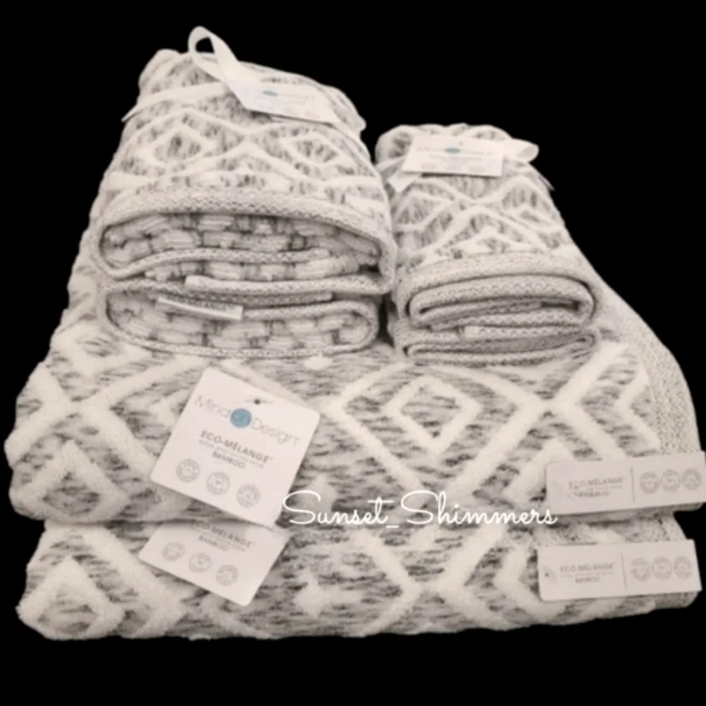 6pc Mind On Design Bath Hand Tip Towel Set Diamond Geo Gray & White Marble NEW